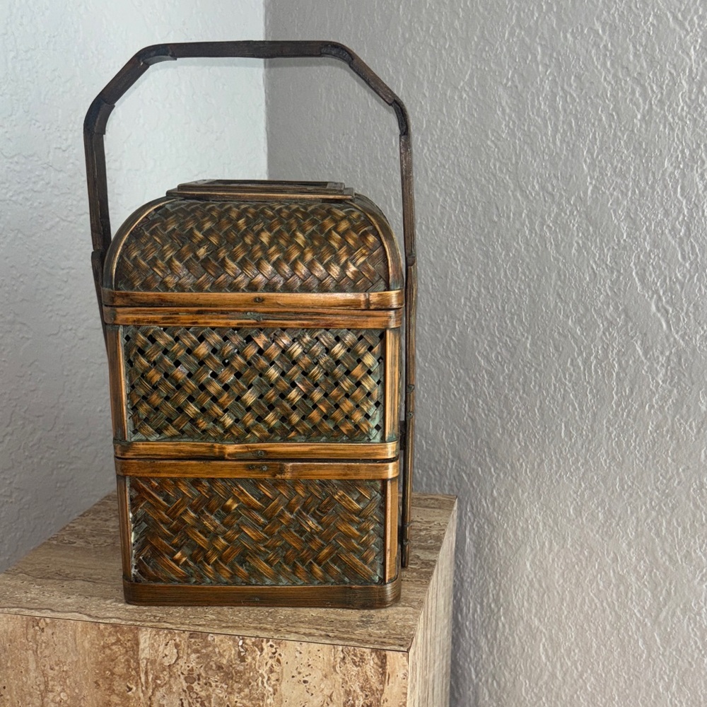 Vintage Chinese Wedding Woven Basket with Handle 2 tiers